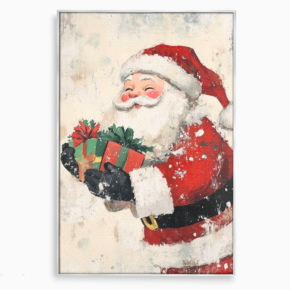 Tablou canvas cu ilustratie vintage cu mos craciun, in rama de aluminiu argintiu